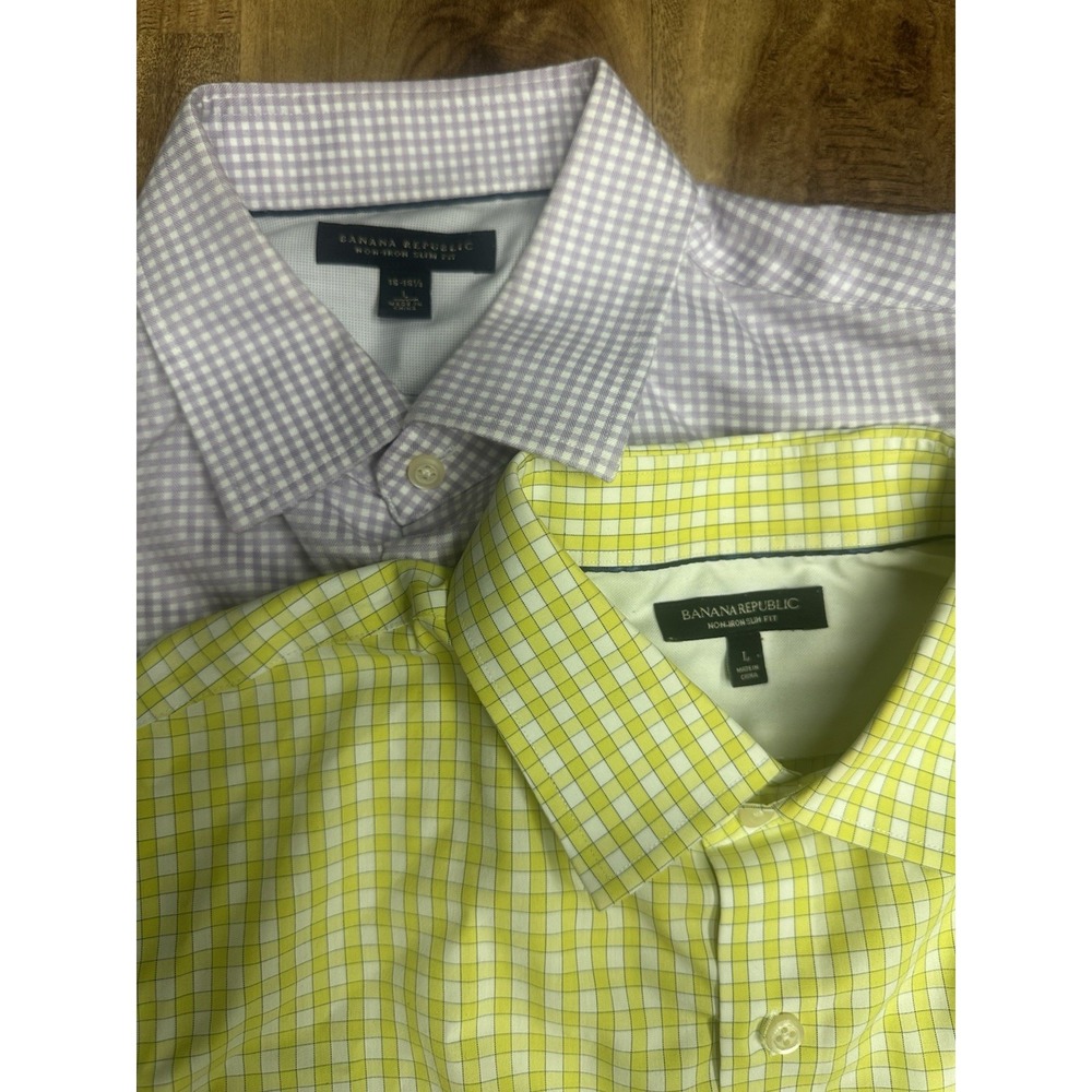 Banana Republic Men Large Dress Shirt Lot 2 Non Iron Slim Fit Plaid Purple Green